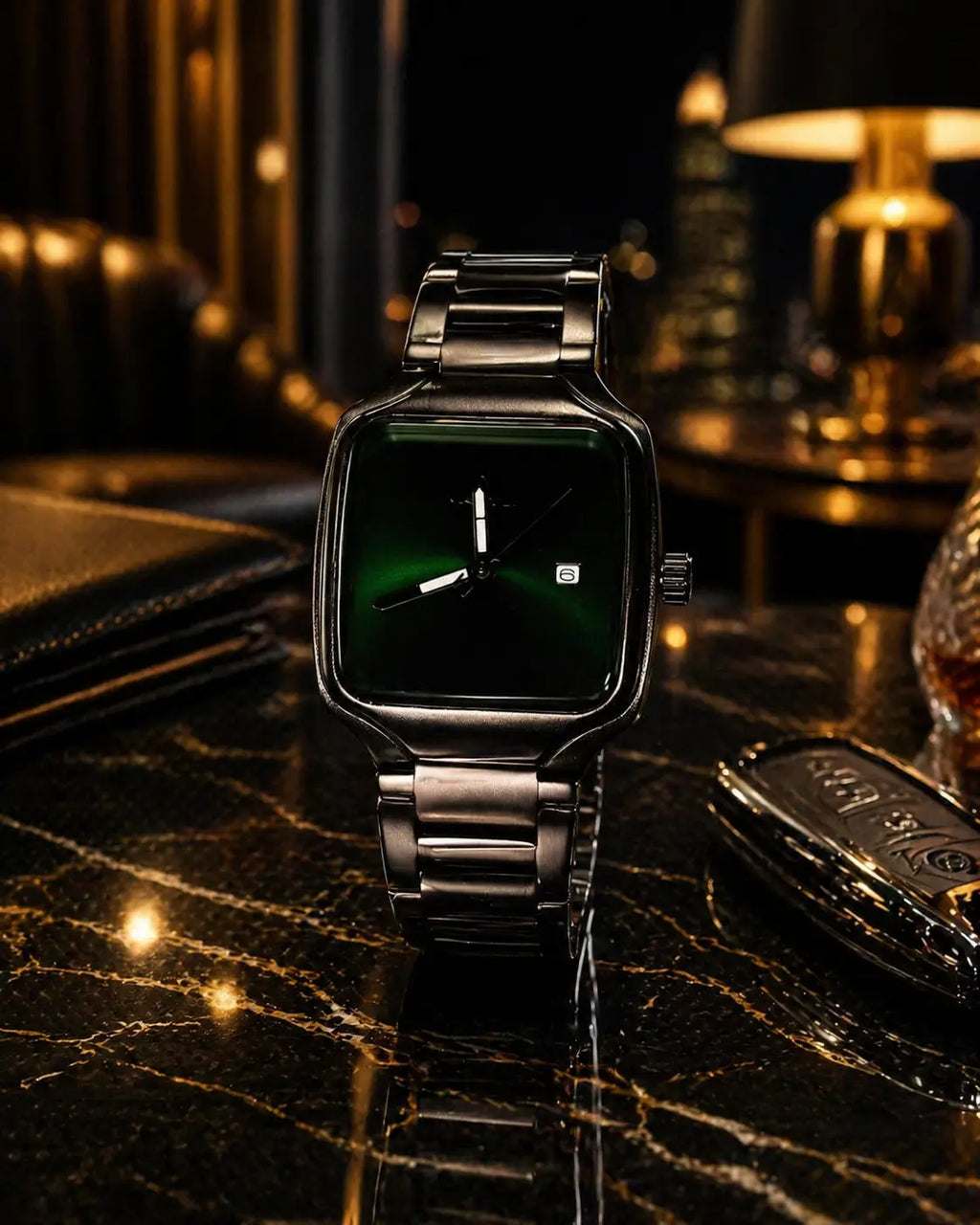 Midnight Emerald Prestige Stainless Steel Luxury Watch – Bold Black Finish, Elegant Green Sunburst Dial, Premium Statement Timepiece for Men Roman Essentials