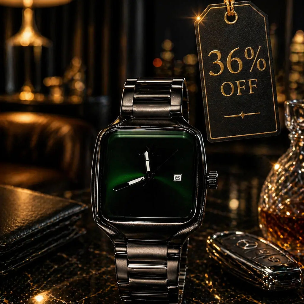 Midnight Emerald Prestige Stainless Steel Luxury Watch – Bold Black Finish, Elegant Green Sunburst Dial, Premium Statement Timepiece for Men Roman Essentials
