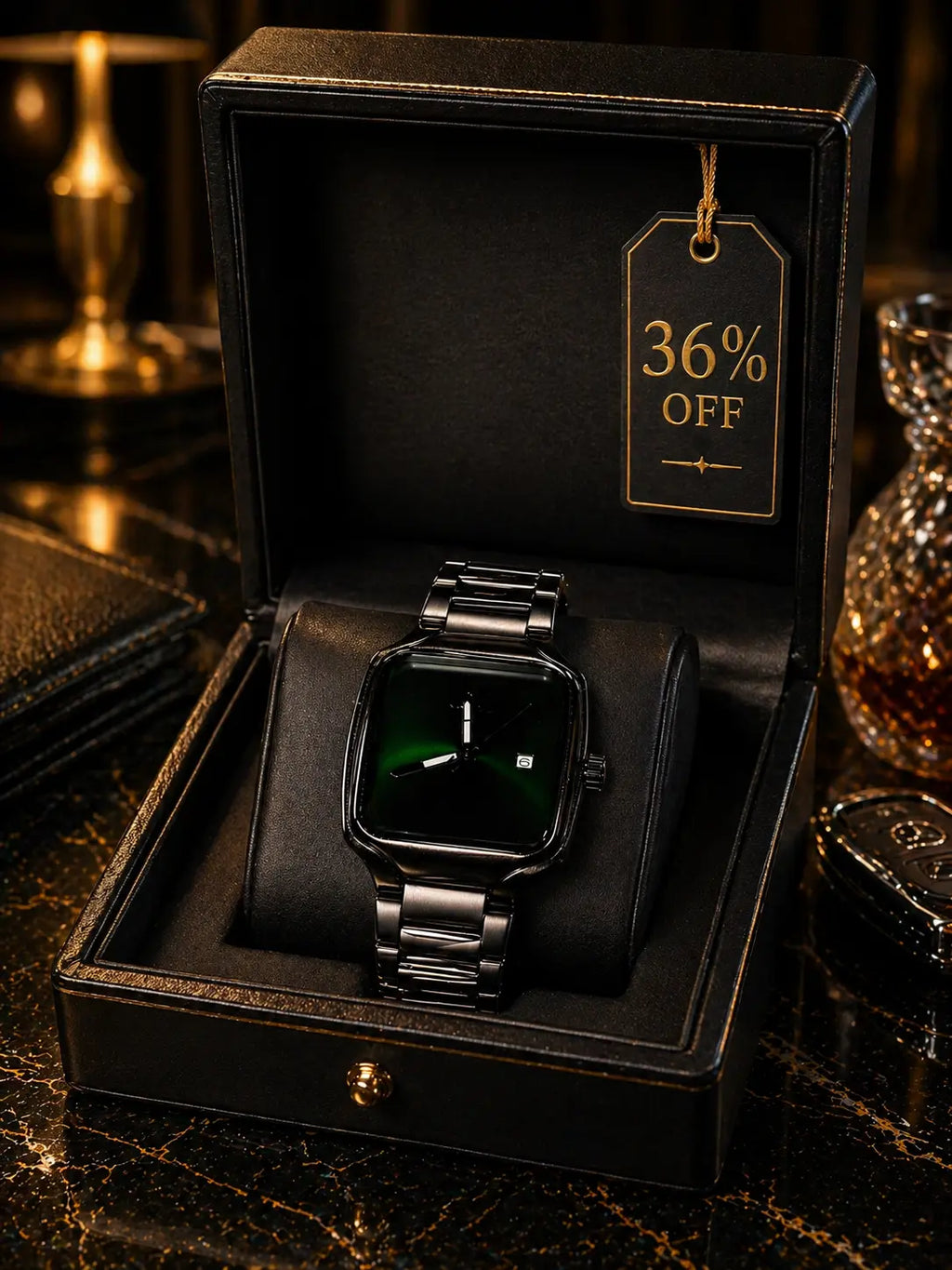 Midnight Emerald Prestige Stainless Steel Luxury Watch – Bold Black Finish, Elegant Green Sunburst Dial, Premium Statement Timepiece for Men Roman Essentials