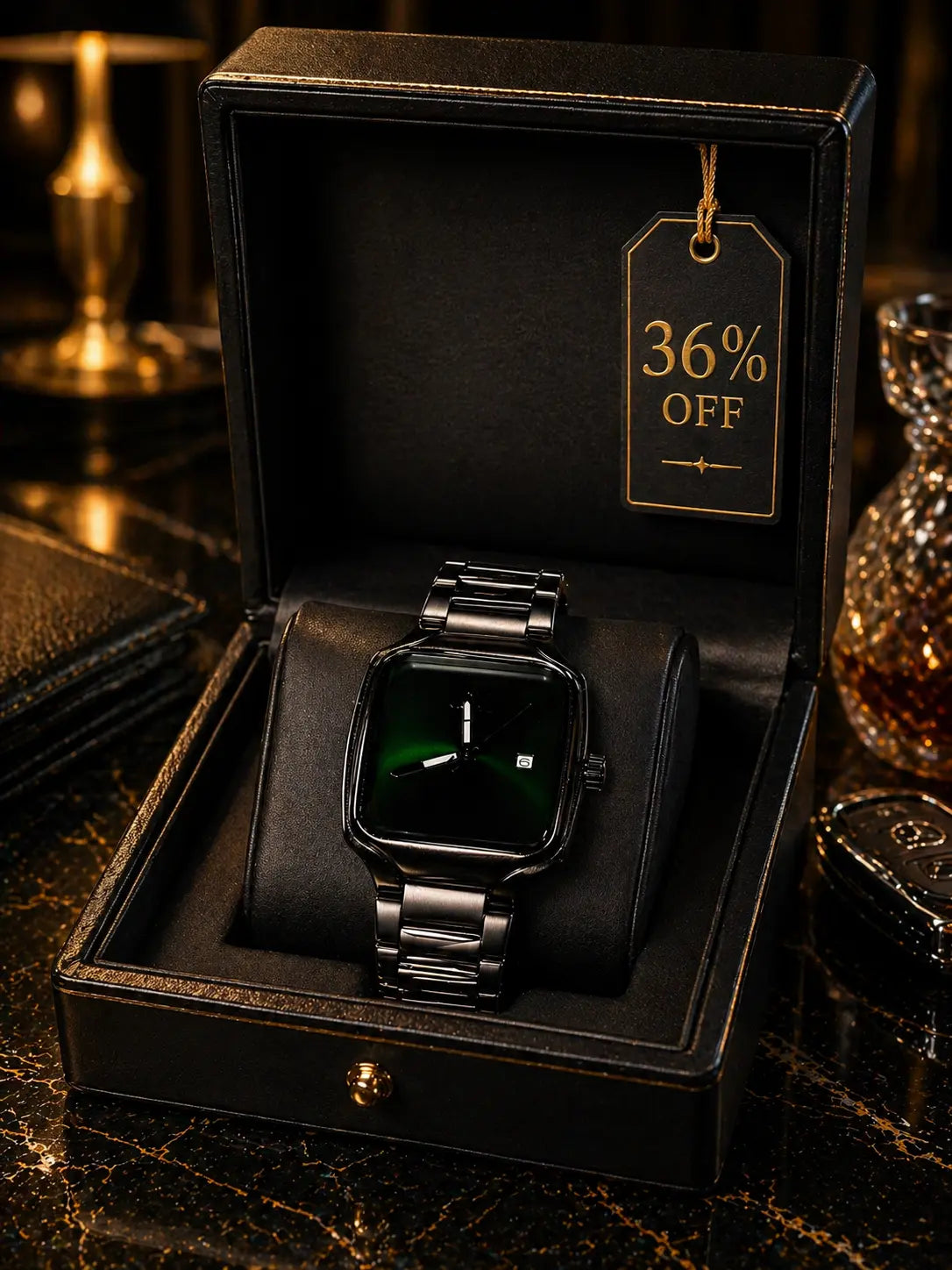 Midnight Emerald Prestige Stainless Steel Luxury Watch – Bold Black Finish, Elegant Green Sunburst Dial, Premium Statement Timepiece for Men Roman Essentials