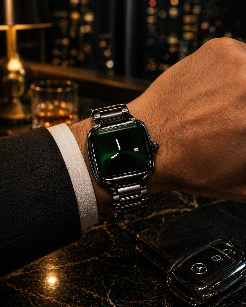 Midnight Emerald Prestige Stainless Steel Luxury Watch – Bold Black Finish, Elegant Green Sunburst Dial, Premium Statement Timepiece for Men Roman Essentials