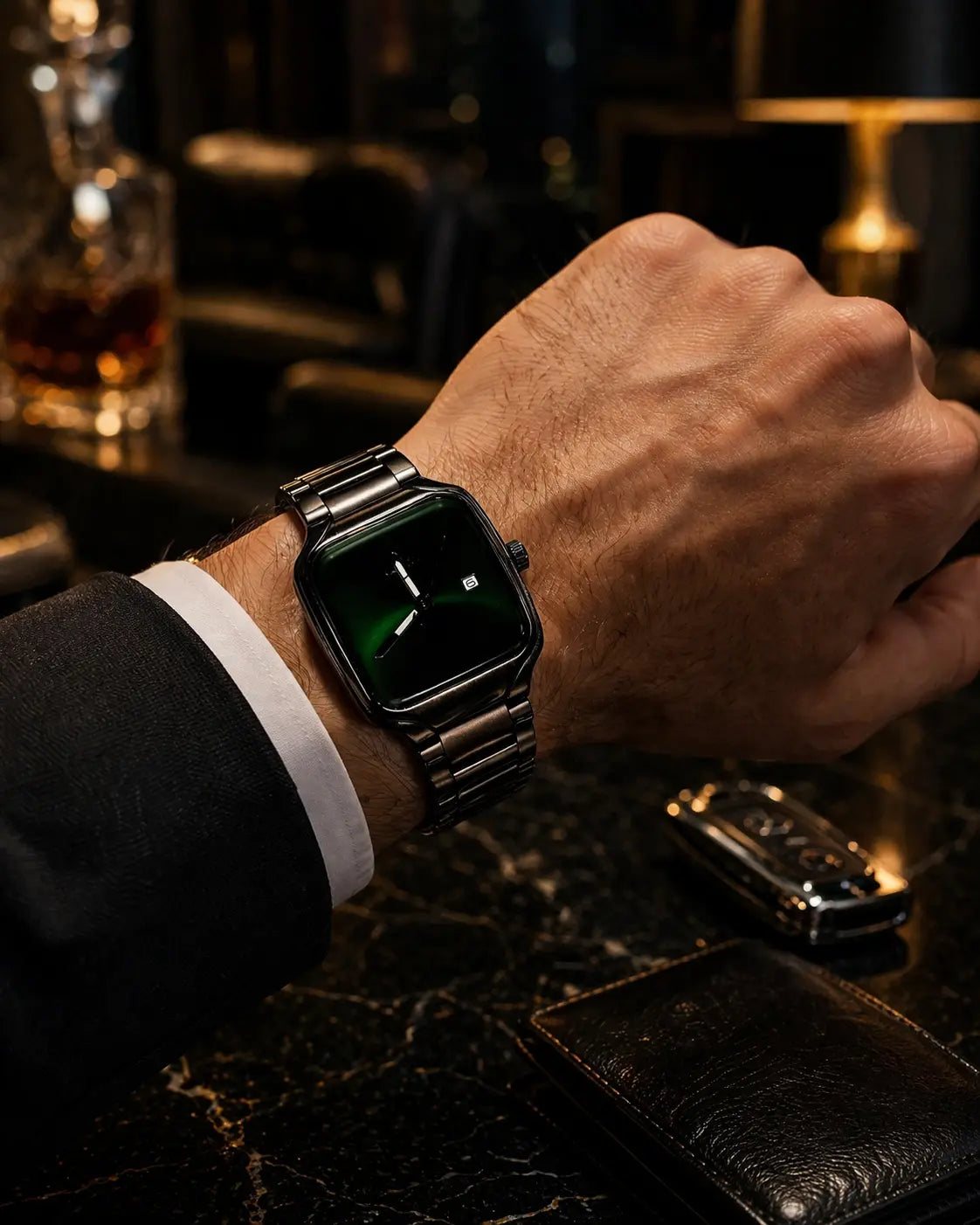 Midnight Emerald Prestige Stainless Steel Luxury Watch – Bold Black Finish, Elegant Green Sunburst Dial, Premium Statement Timepiece for Men Roman Essentials
