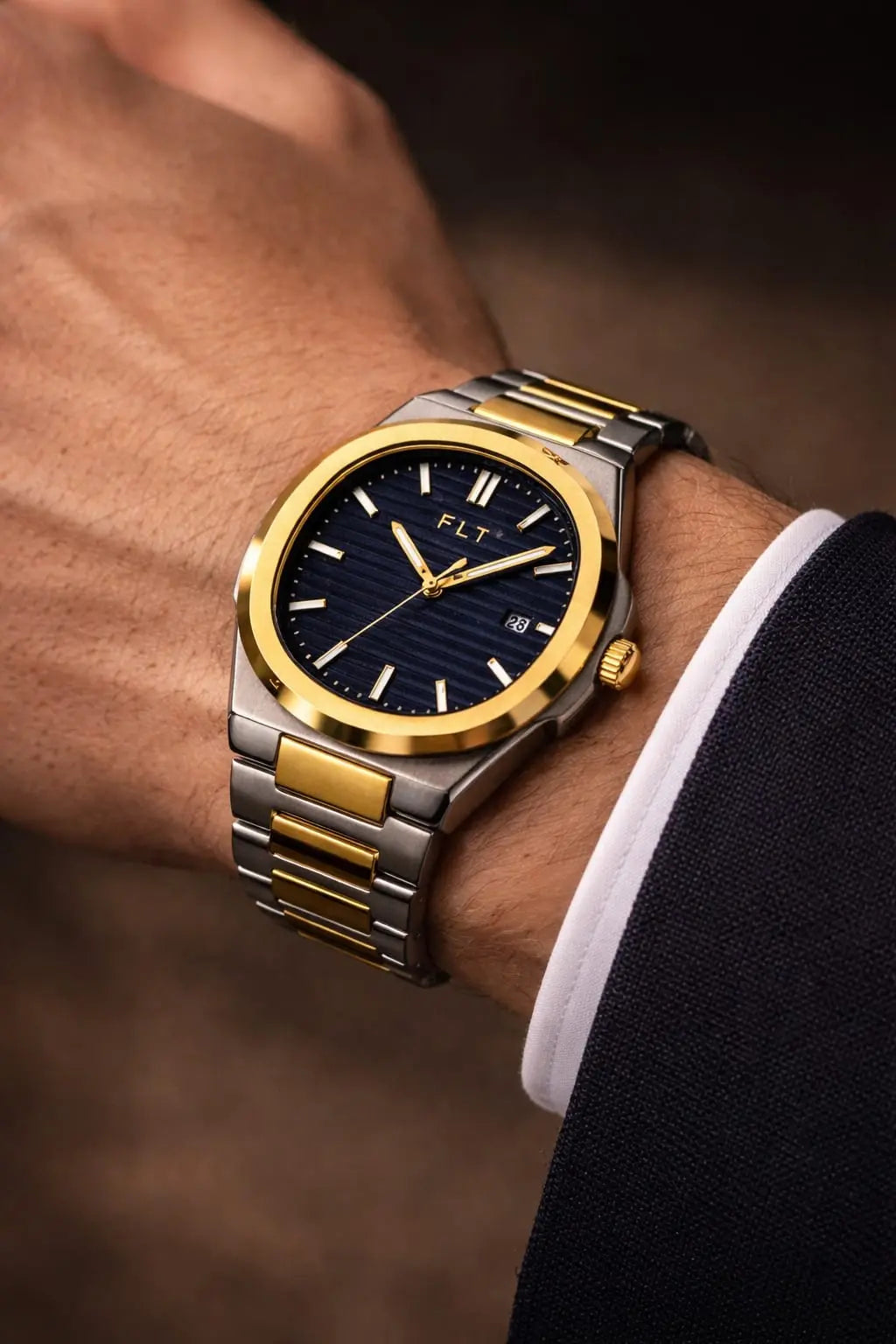 Two-Tone Stainless Steel Men's Watch – Premium Gold & Silver Bracelet Quartz Wrist Watch with Blue Dial Roman Essentials