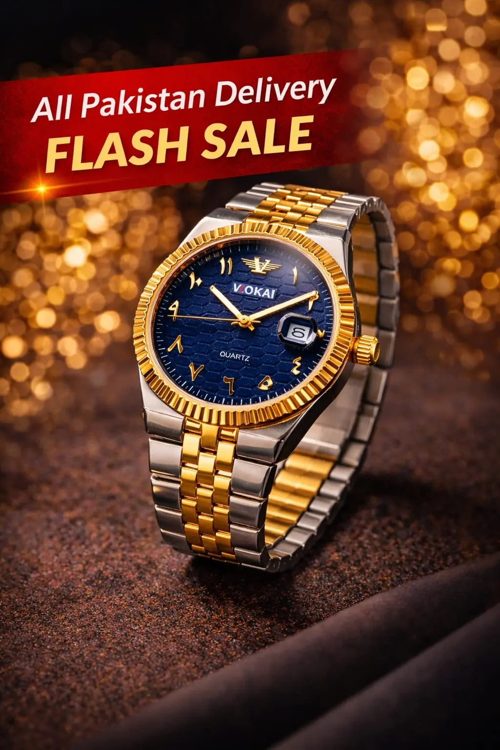 Classy Gold & Silver Men's Watch – Premium Two-Tone Quartz Wrist Watch with Blue Dial Date Display Roman Essentials