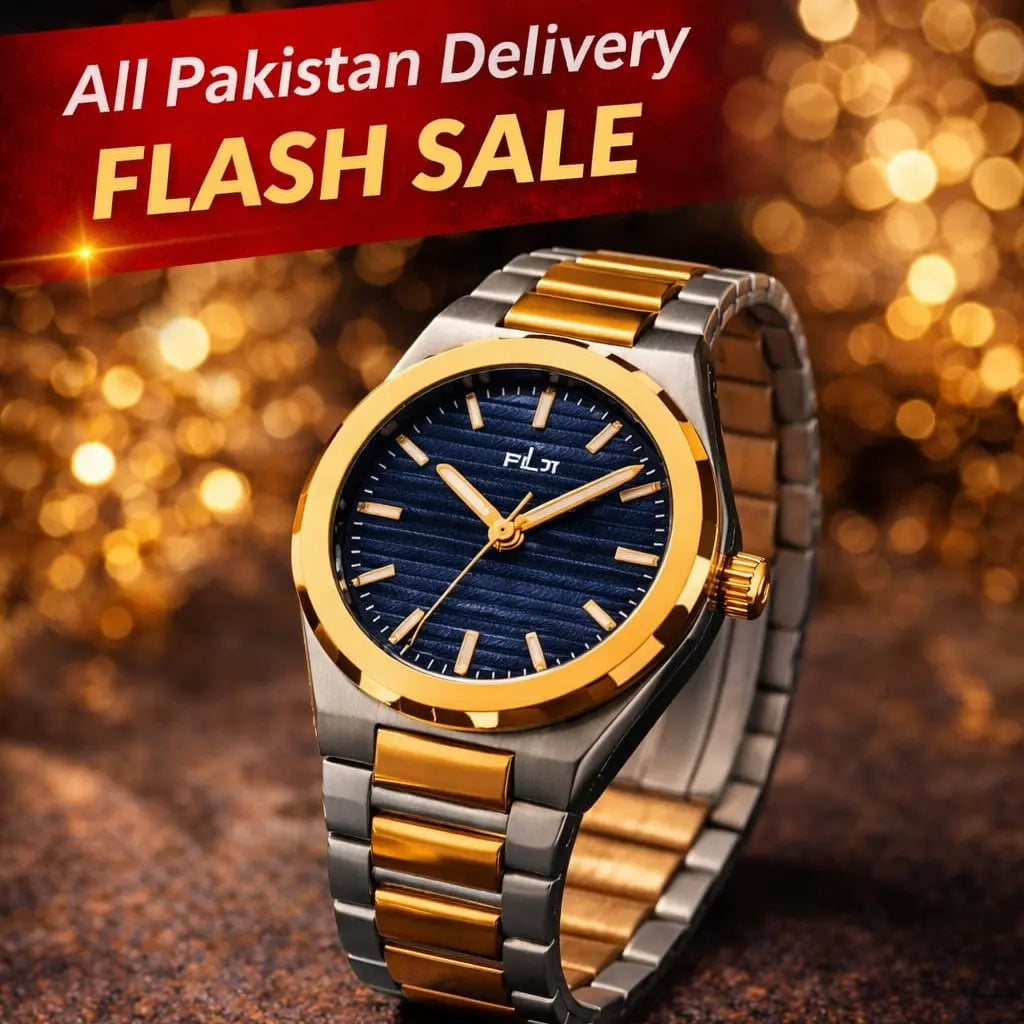 Two-Tone Stainless Steel Men's Watch – Premium Gold & Silver Bracelet Quartz Wrist Watch with Blue Dial Roman Essentials