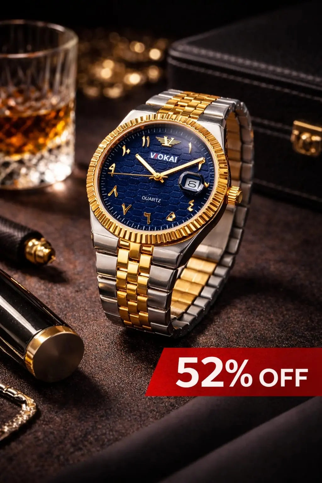 Classy Gold & Silver Men's Watch – Premium Two-Tone Quartz Wrist Watch with Blue Dial Date Display Roman Essentials