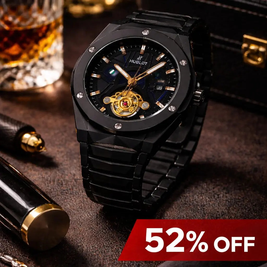 Luxury Black Stainless Steel Skeleton Automatic Men's Watch – Premium Waterproof Wrist Watch for Men with Mechanical Movement Roman Essentials