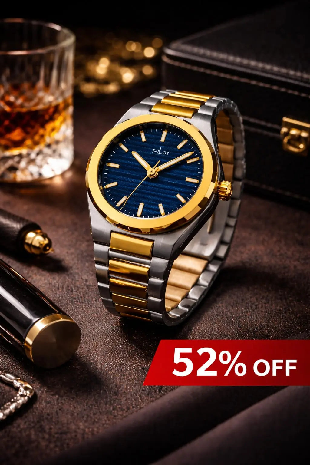 Two-Tone Stainless Steel Men's Watch – Premium Gold & Silver Bracelet Quartz Wrist Watch with Blue Dial Roman Essentials