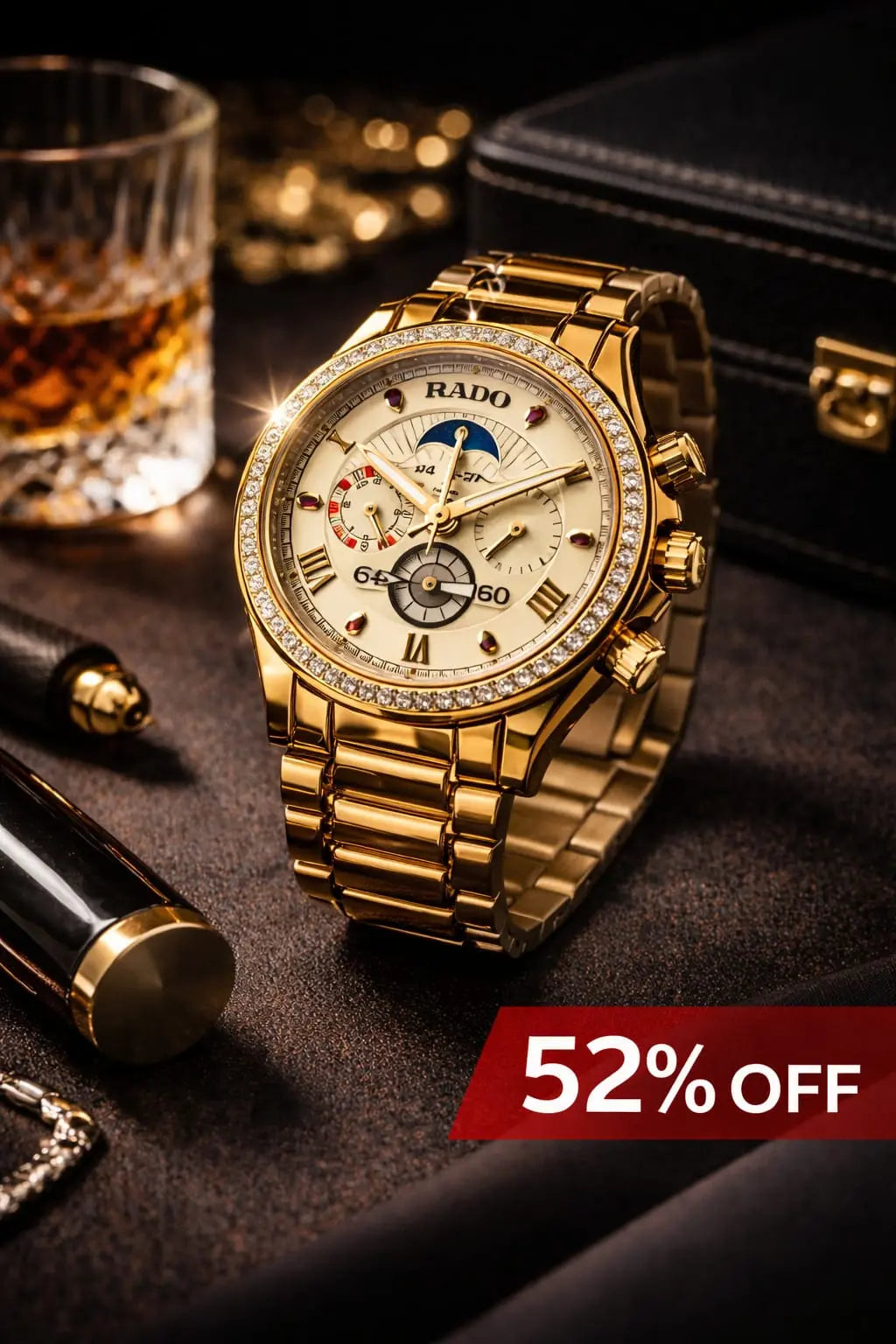 IRADO Imperial Gold Diamond Chronograph Luxury Stainless Steel Premium Fashion Watch for Men Roman Essentials
