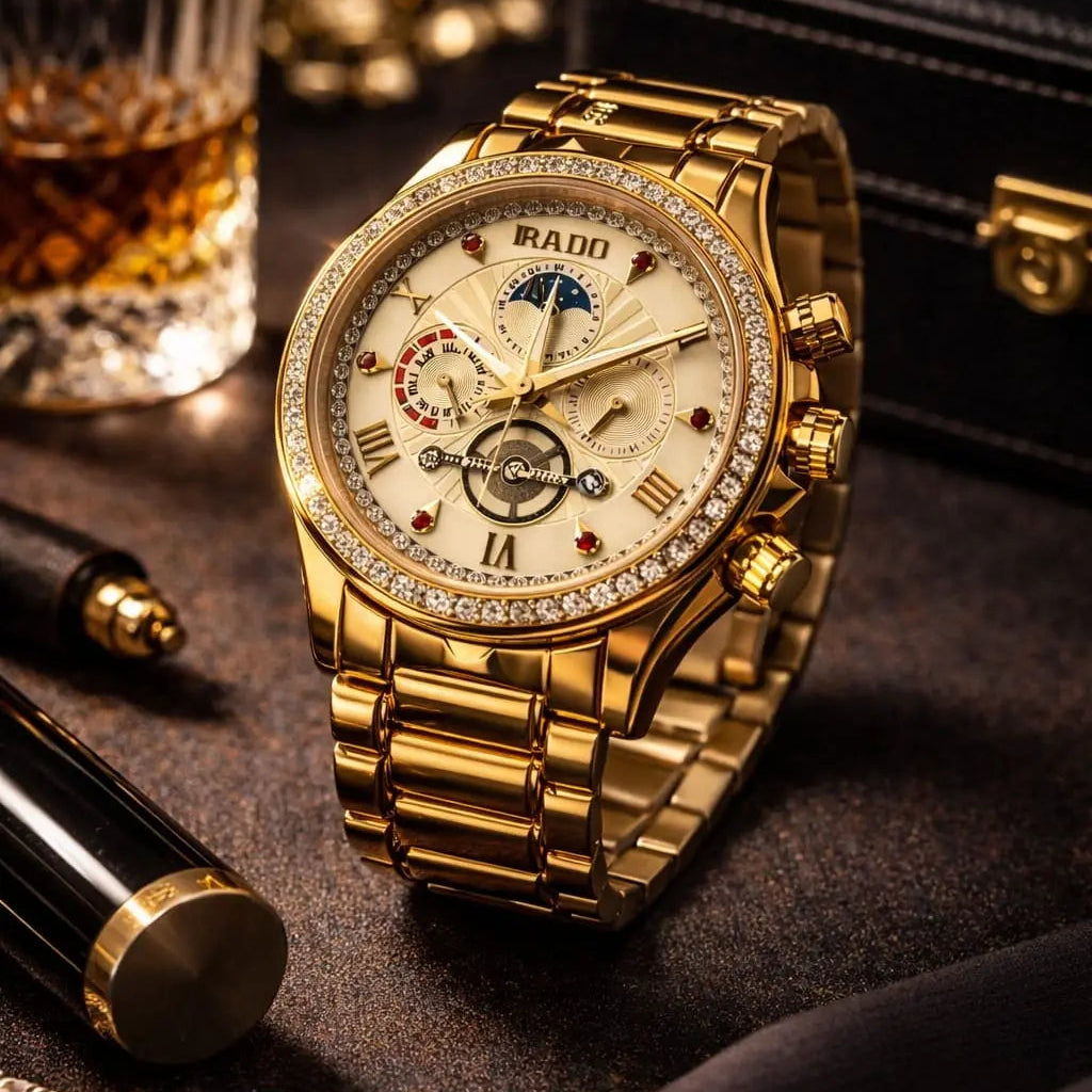 IRADO Imperial Gold Diamond Chronograph Luxury Stainless Steel Premium Fashion Watch for Men Roman Essentials