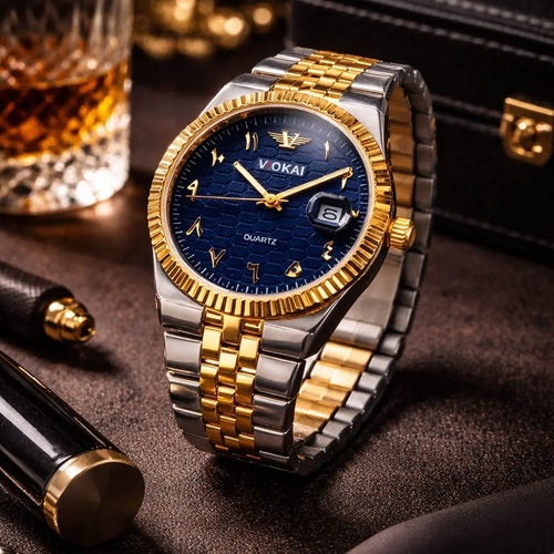 Classy Gold & Silver Men's Watch – Premium Two-Tone Quartz Wrist Watch with Blue Dial Date Display Roman Essentials