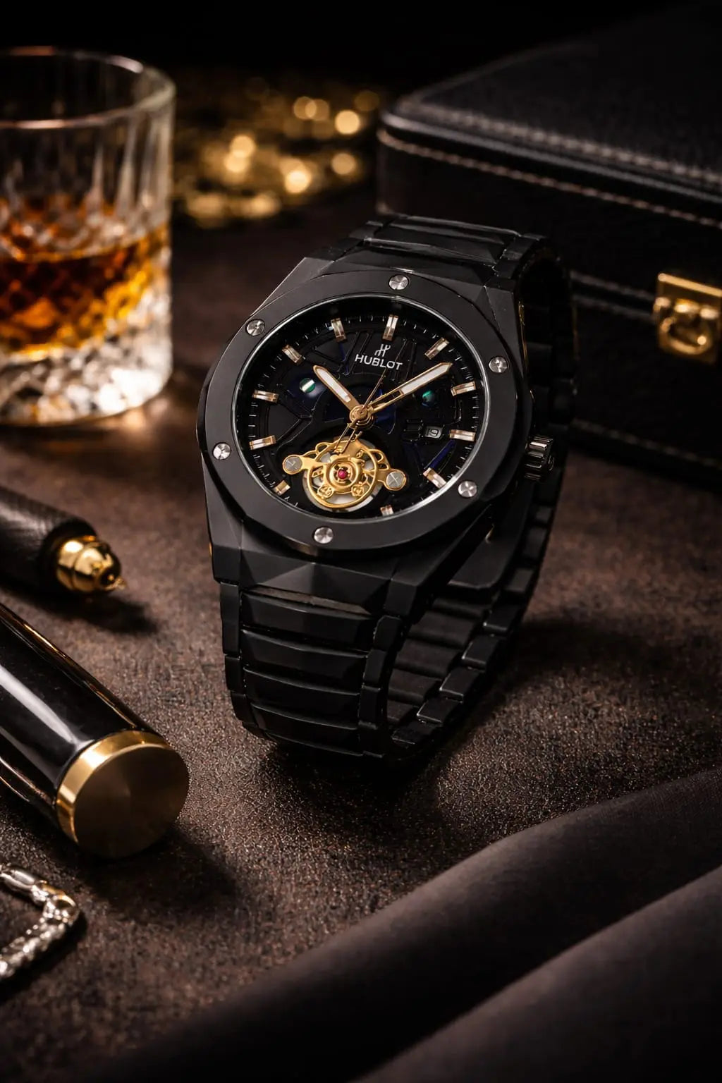 Luxury Black Stainless Steel Skeleton Automatic Men's Watch – Premium Waterproof Wrist Watch for Men with Mechanical Movement Roman Essentials