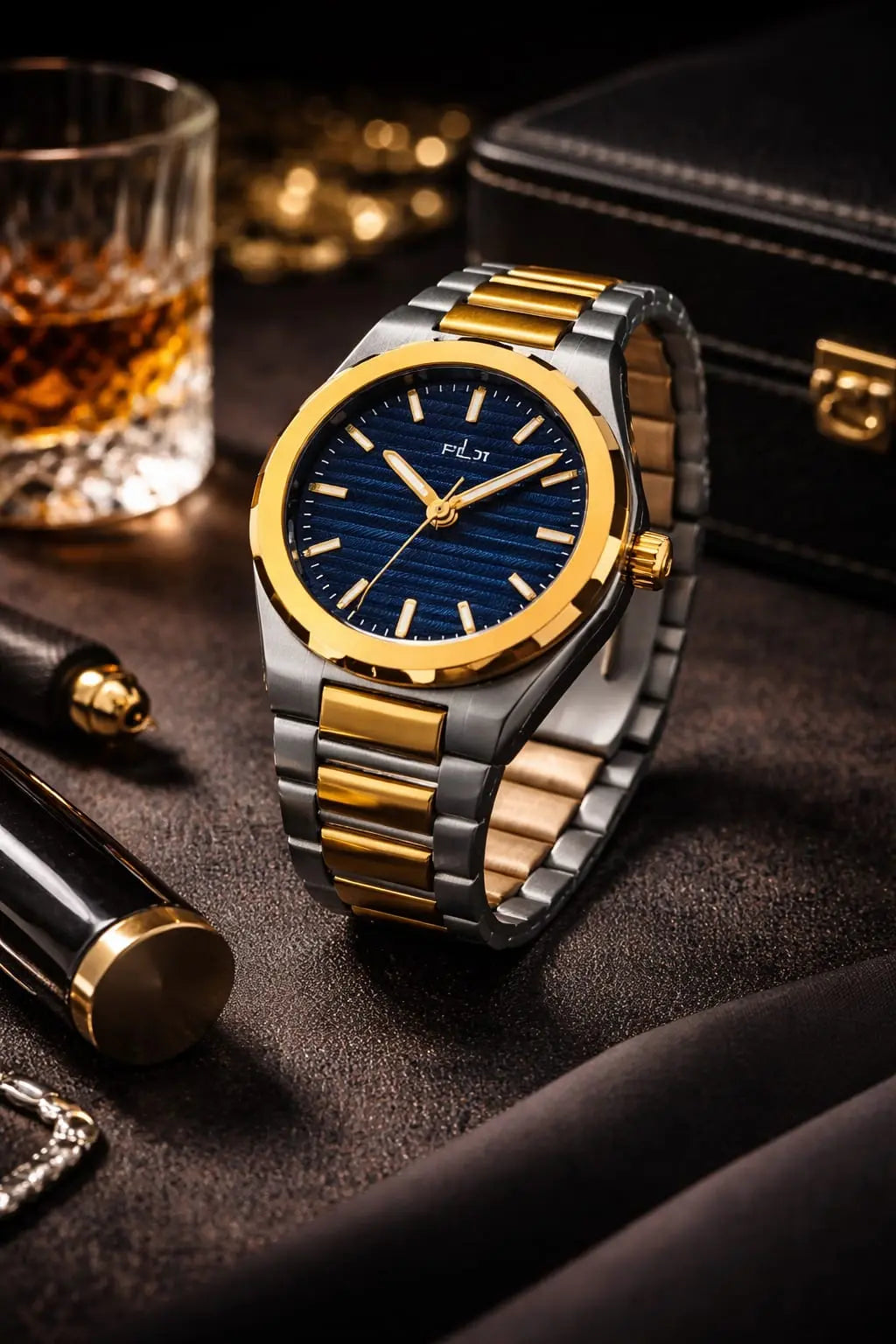 Two-Tone Stainless Steel Men's Watch – Premium Gold & Silver Bracelet Quartz Wrist Watch with Blue Dial Roman Essentials
