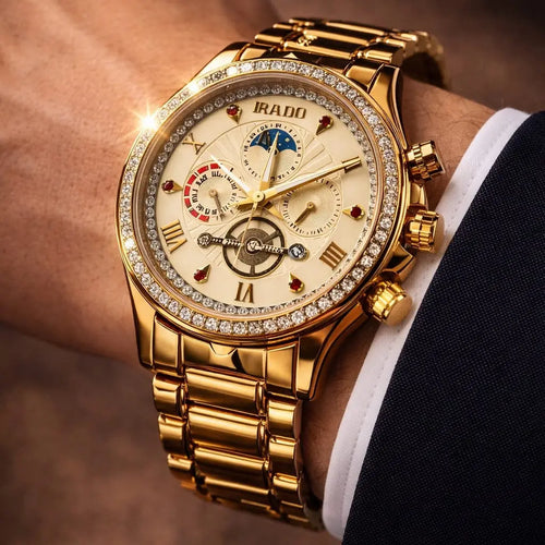 IRADO Imperial Gold Diamond Chronograph Luxury Stainless Steel Premium Fashion Watch for Men Roman Essentials