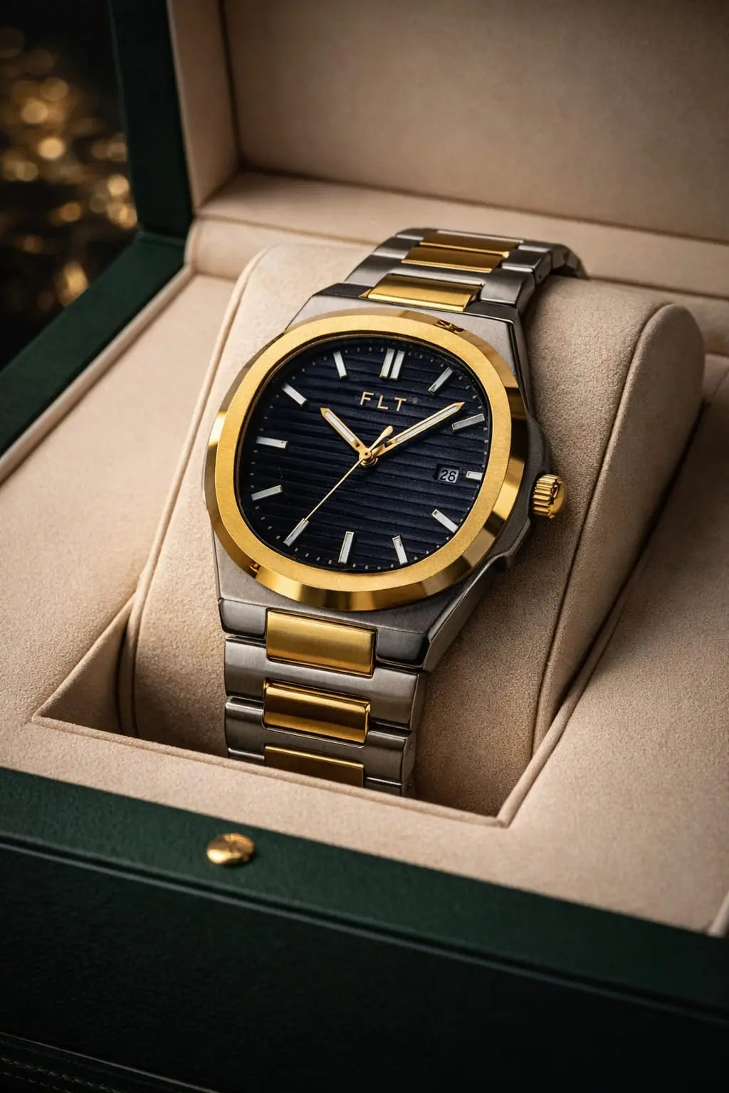 Two-Tone Stainless Steel Men's Watch – Premium Gold & Silver Bracelet Quartz Wrist Watch with Blue Dial Roman Essentials