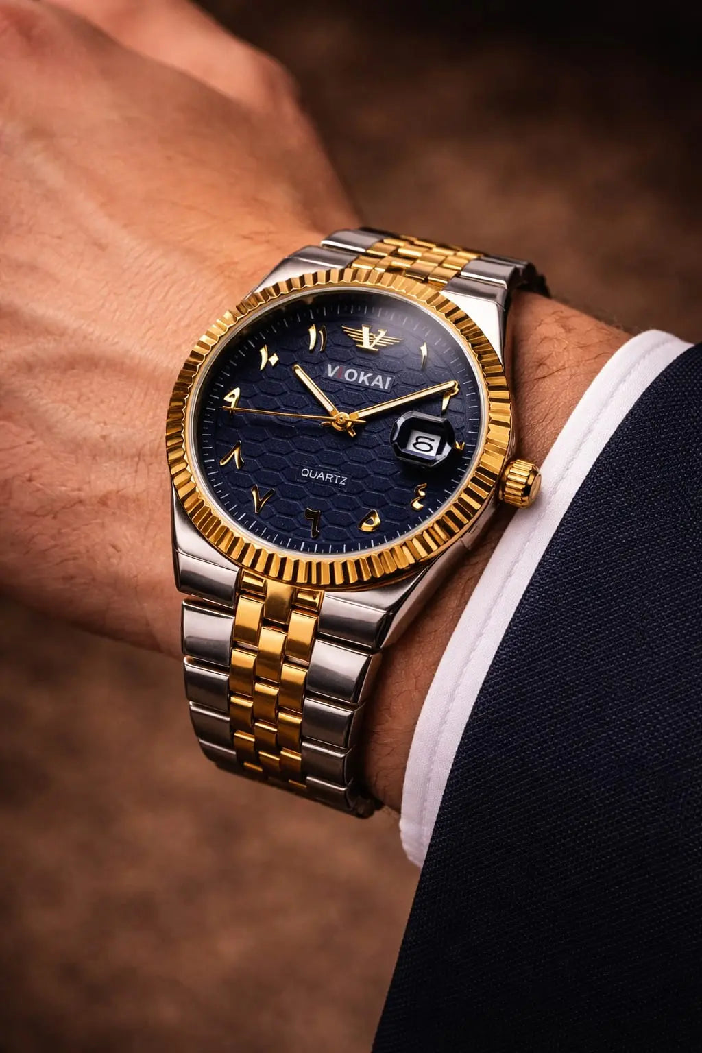 Classy Gold & Silver Men's Watch – Premium Two-Tone Quartz Wrist Watch with Blue Dial Date Display Roman Essentials