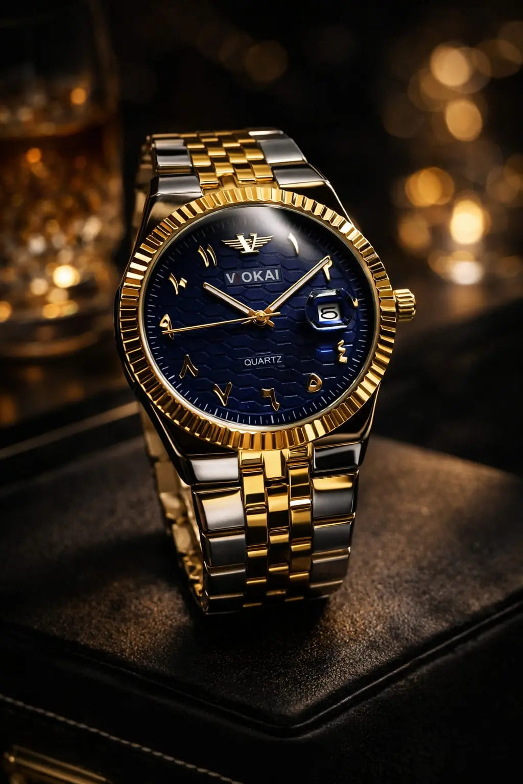 Classy Gold & Silver Men's Watch – Premium Two-Tone Quartz Wrist Watch with Blue Dial Date Display Roman Essentials