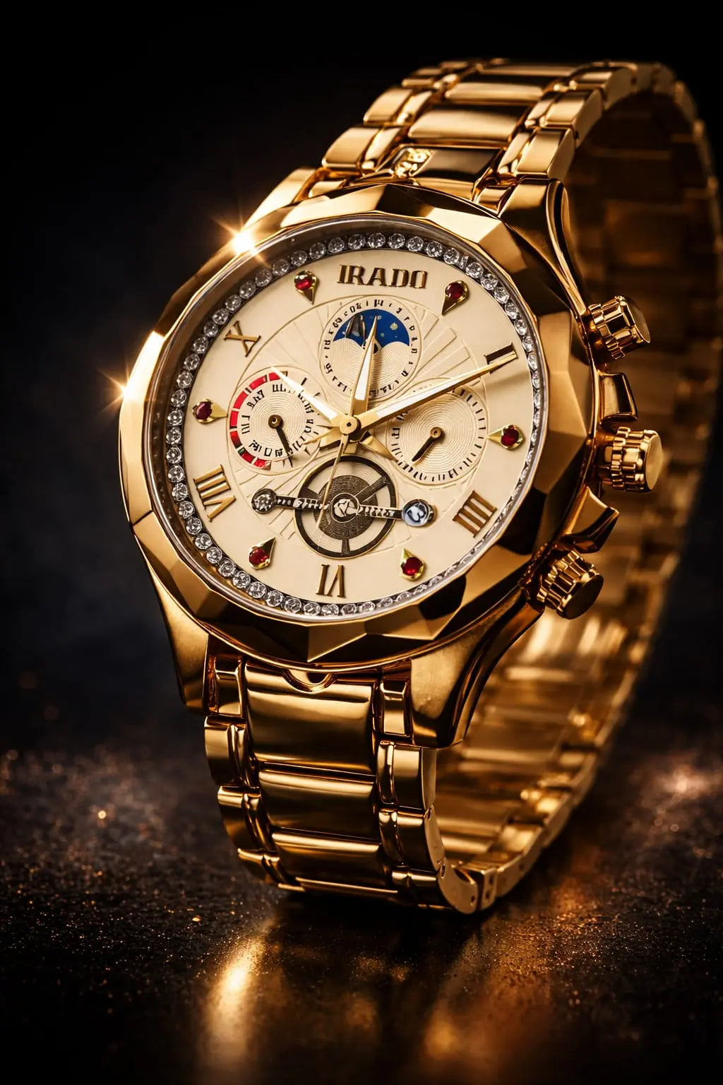 IRADO Imperial Gold Diamond Chronograph Luxury Stainless Steel Premium Fashion Watch for Men Roman Essentials